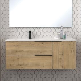 Meuble de salle de bain 120cm vasque deportée - 2 tiroirs - sans miroir - KING - Roble (chêne clair)