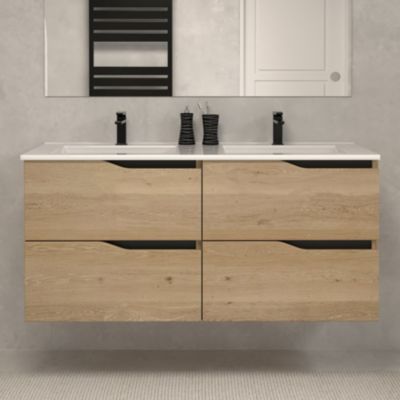 Meuble de salle de bain 140cm double vasque - 4 tiroirs - sans miroir - madera miel (bois clair) - LUNA