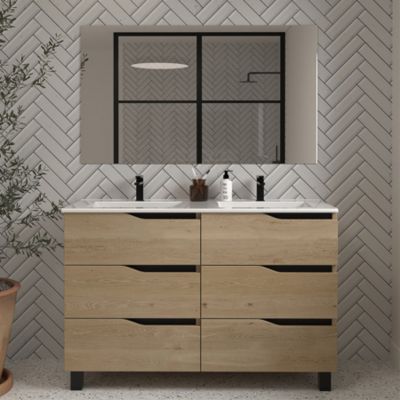 Meuble de salle de bain 140cm double vasque - 6 tiroirs - madera miel (bois clair) - MATA