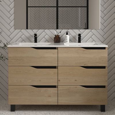 Meuble de salle de bain 140cm double vasque - 6 tiroirs - madera miel (bois clair) - MATA