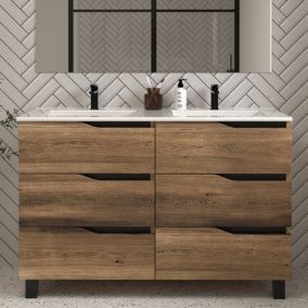 Meuble de salle de bain 140cm double vasque - 6 tiroirs - sans miroir - tabaco (bois foncé) - MATA