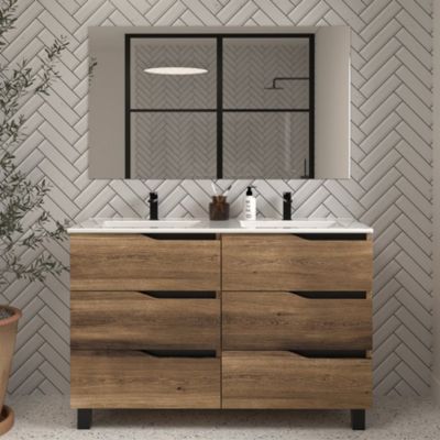 Meuble de salle de bain 140cm double vasque - 6 tiroirs - tabaco (bois foncé) - MATA