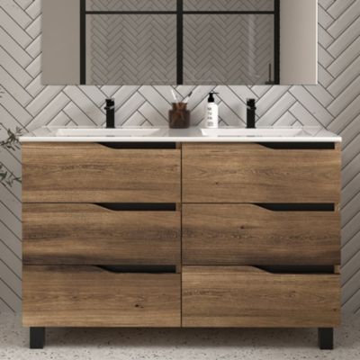 Meuble de salle de bain 140cm double vasque - 6 tiroirs - tabaco (bois foncé) - MATA