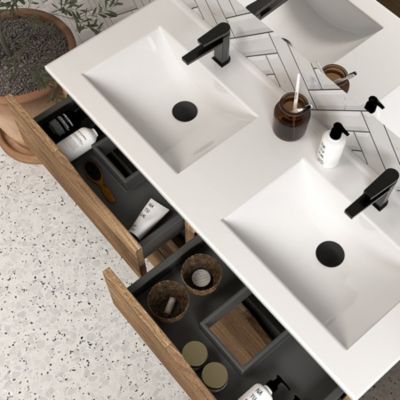Meuble de salle de bain 140cm double vasque - 6 tiroirs - tabaco (bois foncé) - MATA