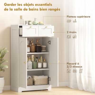 Meuble de salle de bain - 2 tiroirs, 2 portes, étagères réglables - dim. 60 x 30 x 108 cm - blanc