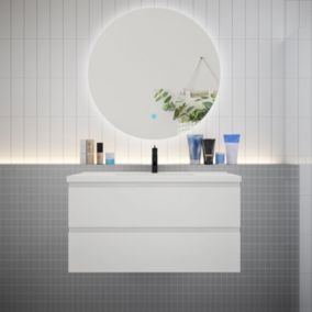 Meuble de salle de bain à 2 tiroirs avec lavabo et miroir rond multifonctionnel LED - blanc L.100cm suspendu