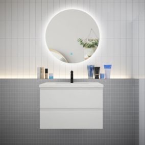 Meuble de salle de bain à 2 tiroirs avec lavabo et miroir rond multifonctionnel LED - blanc L.80cm suspendu