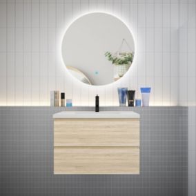 Meuble de salle de bain à 2 tiroirs avec lavabo et miroir rond multifonctionnel LED - chêne L.80cm suspendu