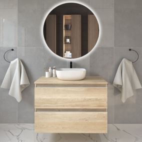 Meuble de salle de bain 2 tiroirs avec vasque à poser arrondie BALEA et miroir rond Led SOLEN - Bambou (chêne clair) - 70cm