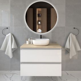 Meuble de salle de bain 2 tiroirs avec vasque à poser arrondie BALEA et miroir rond Led SOLEN - Blanc - 80cm