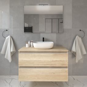 Meuble de salle de bain 2 tiroirs avec vasque à poser arrondie et miroir avec applique BALEA - Bambou (chêne clair) - 70cm