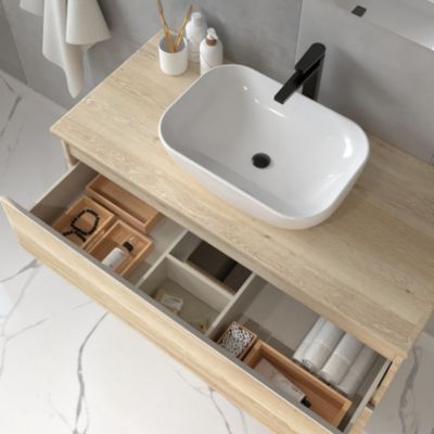 Meuble de salle de bain 2 tiroirs avec vasque à poser arrondie et miroir avec applique BALEA - Bambou (chêne clair) - 70cm