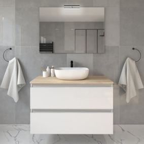 Meuble de salle de bain 2 tiroirs avec vasque à poser arrondie et miroir avec applique BALEA - Blanc - 80cm