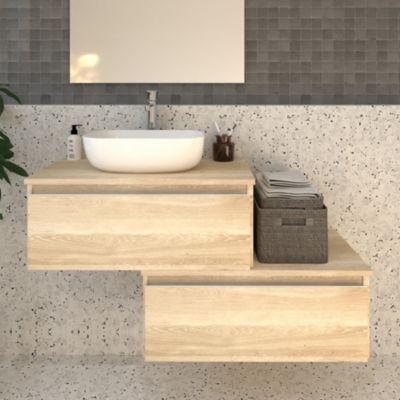 Meuble de salle de bain 2 tiroirs avec vasque à poser arrondie PENA et miroir Led STAM - Bambou (chêne clair) - 120cm
