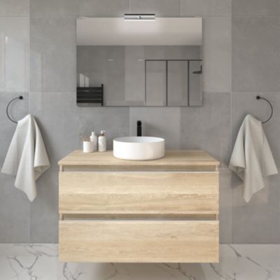 Meuble de salle de bain 2 tiroirs avec vasque à poser ronde et miroir avec applique BALEA - Bambou (chêne clair) - 70cm