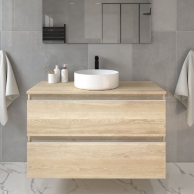 Meuble de salle de bain 2 tiroirs avec vasque à poser ronde et miroir avec applique BALEA - Bambou (chêne clair) - 70cm