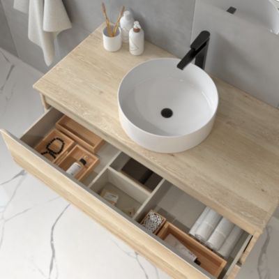 Meuble de salle de bain 2 tiroirs avec vasque à poser ronde et miroir avec applique BALEA - Bambou (chêne clair) - 70cm