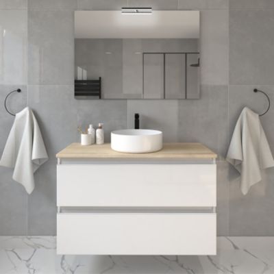 Meuble de salle de bain 2 tiroirs avec vasque à poser ronde et miroir avec applique BALEA - Blanc - 80cm