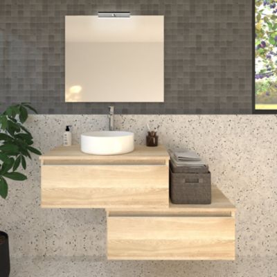 Meuble de salle de bain 2 tiroirs avec vasque à poser ronde PENA et miroir avec applique - Bambou (chêne clair) - 120cm