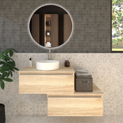 Meuble de salle de bain 2 tiroirs avec vasque à poser ronde PENA et miroir Led SOLEN - Bambou (chêne clair) - 120cm