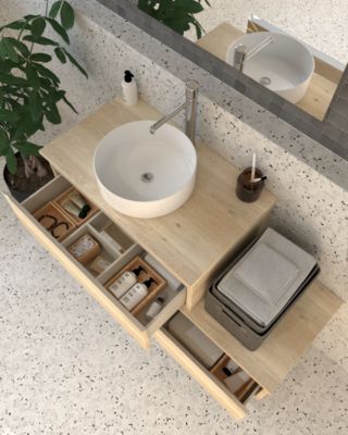 Meuble de salle de bain 2 tiroirs avec vasque à poser ronde PENA et miroir Led SOLEN - Bambou (chêne clair) - 120cm