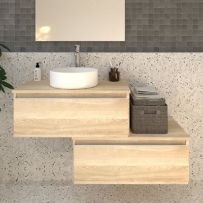 Meuble de salle de bain 2 tiroirs avec vasque à poser ronde PENA et miroir Led SOLEN - Bambou (chêne clair) - 120cm