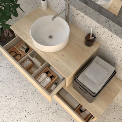 Meuble de salle de bain 2 tiroirs avec vasque à poser ronde PENA et miroir Led SOLEN - Bambou (chêne clair) - 120cm