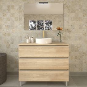 Meuble de salle de bain 3 tiroirs avec vasque à poser ronde et miroir avec applique PALMA - Bambou (chêne clair) - 70cm