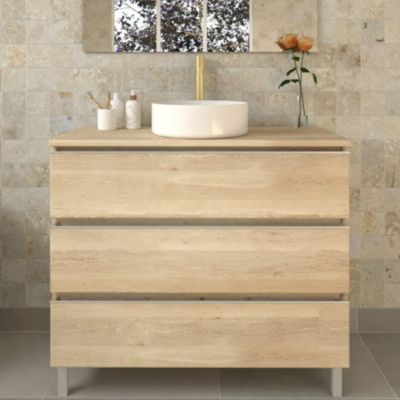 Meuble de salle de bain 3 tiroirs avec vasque à poser ronde et miroir avec applique PALMA - Bambou (chêne clair) - 70cm