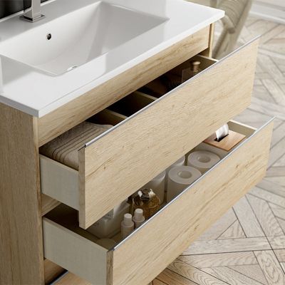 Meuble de salle de bain 3 tiroirs avec vasque à poser ronde et miroir avec applique PALMA - Bambou (chêne clair) - 70cm
