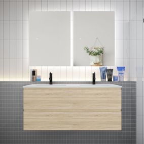 Meuble de salle de bain à 4 tiroirs avec lavabo et miroir LED antibuée x2 - chêne L.120cm suspendu