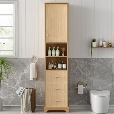 Meuble de salle de bain 40 x 30 x 172 cm, panneau thermoformé en PVC, 3 tiroirs, un corps, 2 étagères ouvertes, étagères réglables