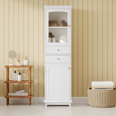 Meuble de salle de bain 45x36x160cm - 2 tiroirs et 2 portes - étagères réglables - poignées dorées - MDF - blanc