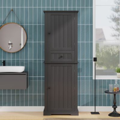 Meuble de salle de bain 56x28x167.3 cm - 2 portes et 1 tiroir - Finition laquée - Étagères réglables - MDF - Noir