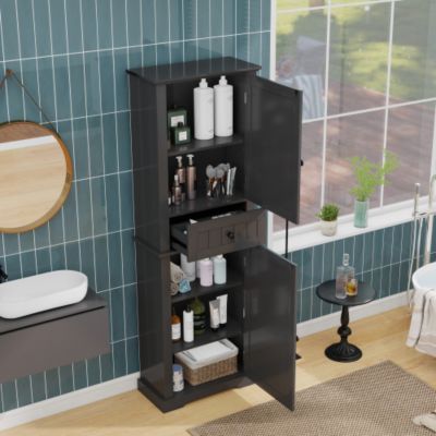 Meuble de salle de bain 56x28x167.3 cm - 2 portes et 1 tiroir - Finition laquée - Étagères réglables - MDF - Noir