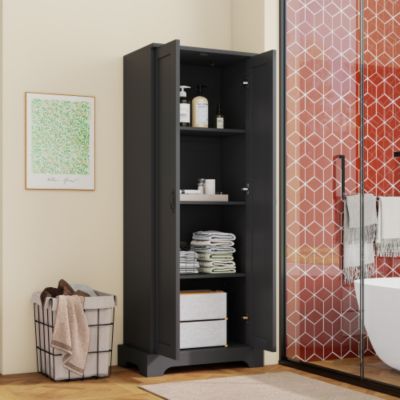 Meuble de salle de bain 56x40x170 cm - Finition résistante à l'humidité - 2 portes, 4 étagères - Étagères réglables - MDF - Noir