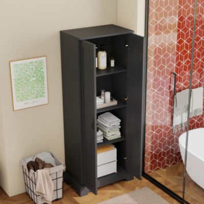 Meuble de salle de bain 56x40x170 cm - Finition résistante à l'humidité - 2 portes, 4 étagères - Étagères réglables - MDF - Noir