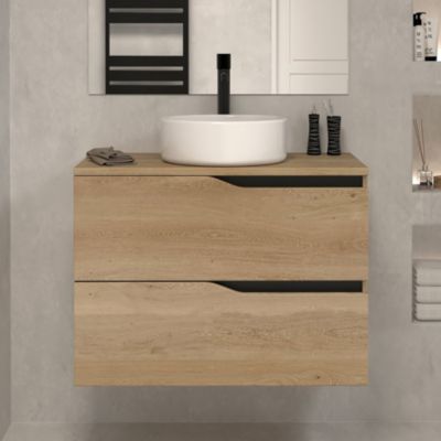 Meuble de salle de bain 60 avec plateau et vasque à poser - 2 tiroirs - madera miel (bois clair) - LUNA