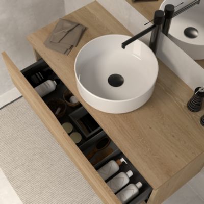 Meuble de salle de bain 60 avec plateau et vasque à poser - 2 tiroirs - madera miel (bois clair) - LUNA