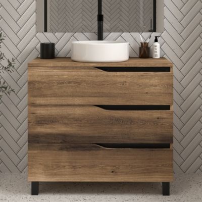 Meuble de salle de bain 60 avec plateau et vasque à poser - sans miroir - 3 tiroirs - tabaco (bois foncé) - MATA