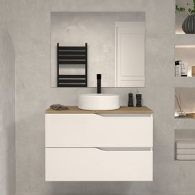 Meuble de salle de bain 60 avec plateau miel et vasque à poser - 2 tiroirs - blanc - LUNA