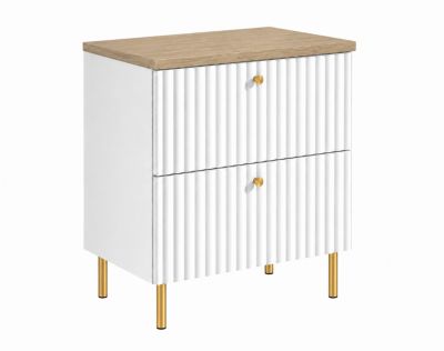 Meuble de salle de bain 60 cm, Blanc, plan chêne clair, pieds Ronda, poignées dorées, 60 x 46 x 73,6 cm