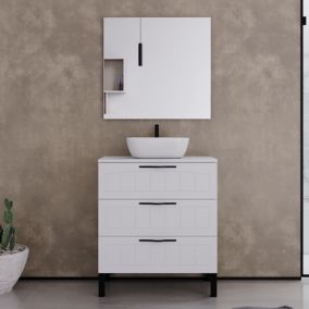 Meuble de salle de bain 60cm avec plateau et vasque à poser ovale - 3 tiroirs - blanc - CALA