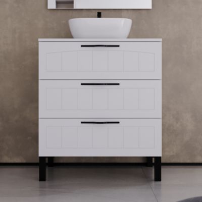 Meuble de salle de bain 60cm avec plateau et vasque à poser ovale - 3 tiroirs - sans miroir - blanc - CALA