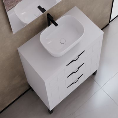 Meuble de salle de bain 60cm avec plateau et vasque à poser ovale - 3 tiroirs - sans miroir - blanc - CALA