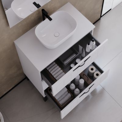 Meuble de salle de bain 60cm avec plateau et vasque à poser ovale - 3 tiroirs - sans miroir - blanc - CALA