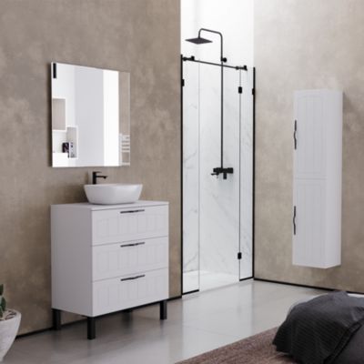 Meuble de salle de bain 60cm avec plateau et vasque à poser ovale - 3 tiroirs - sans miroir - blanc - CALA