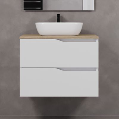 Meuble de salle de bain 60cm avec plateau miel et vasque à poser zeus - 2 tiroirs - sans miroir - blanc - LUNA