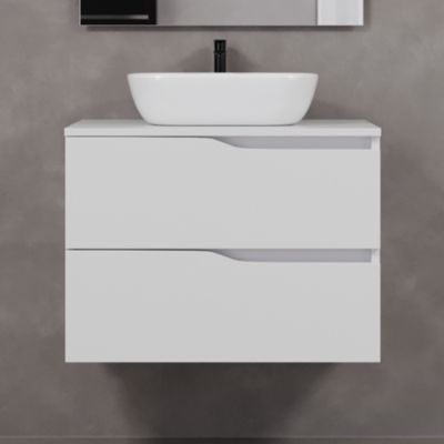 Meuble de salle de bain 60cm avec plateau miel et vasque à poser zeus - 2 tiroirs - sans miroir - blanc - LUNA
