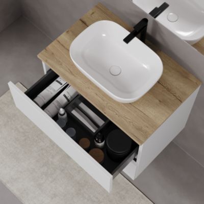 Meuble de salle de bain 60cm avec plateau miel et vasque à poser zeus - 2 tiroirs - sans miroir - blanc - LUNA